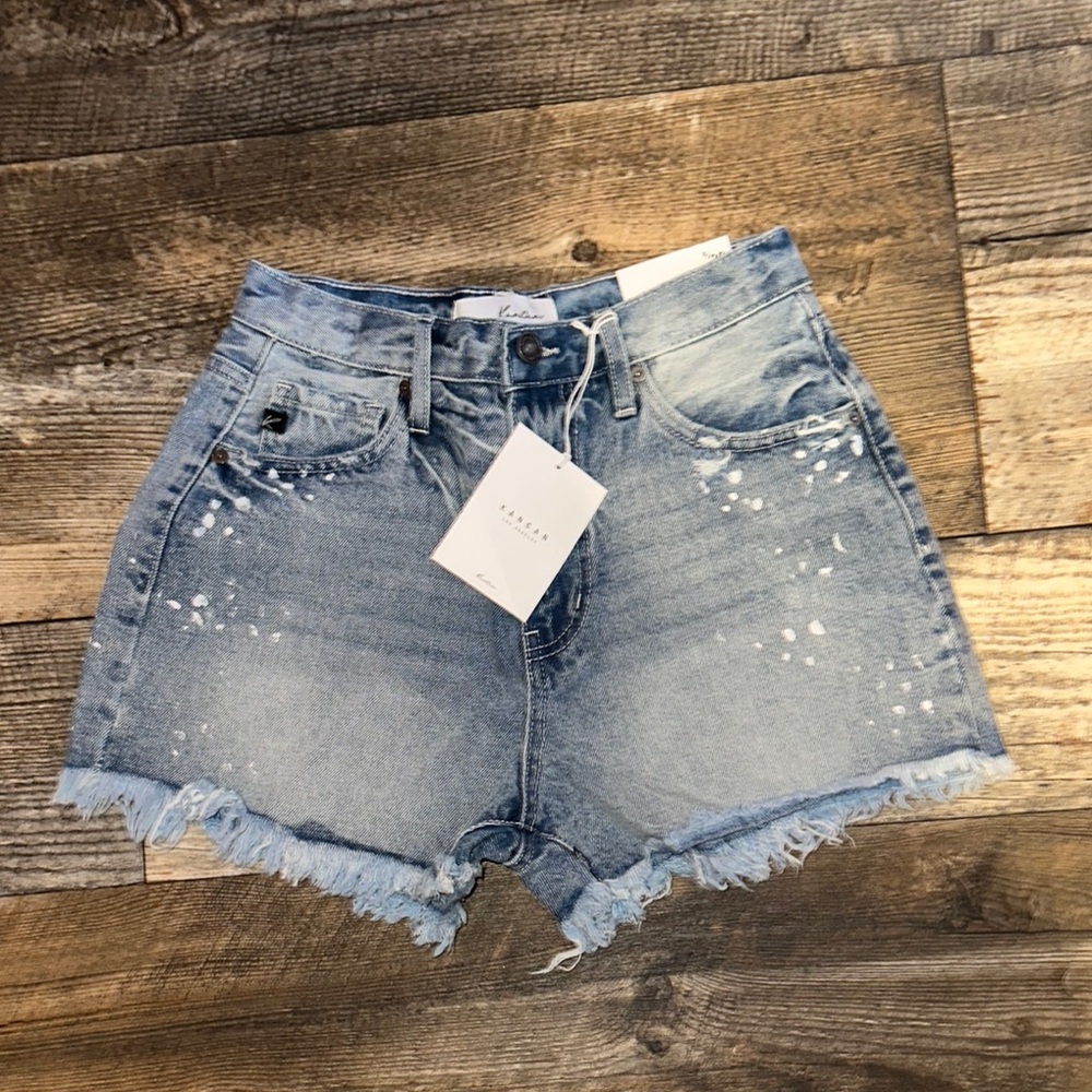 KanCan 5/26 Frayed High Rise Bleach Splatter Denim Shorts